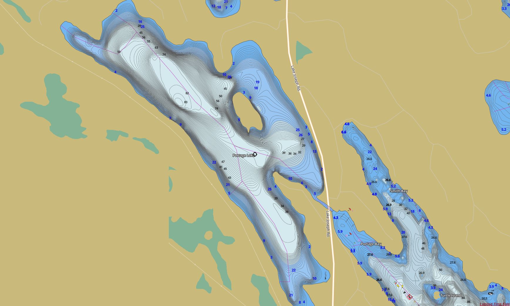 Contour Map of Portage Lake in Municipality of Seguin and the District of Parry Sound